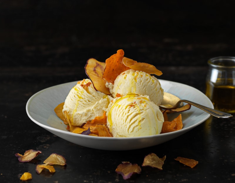 Vanilla Ice Cream with Kumara Chips & Olive Oil